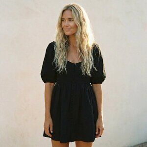 Anthropologie Maeve Puff Sleeve Smocked Button Front Black date Mini Dress M